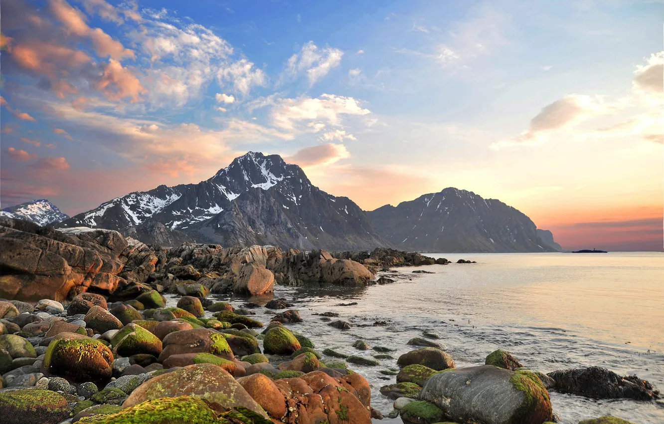 Photo wallpaper sea, the sky, clouds, mountains, stones, rocks, shore