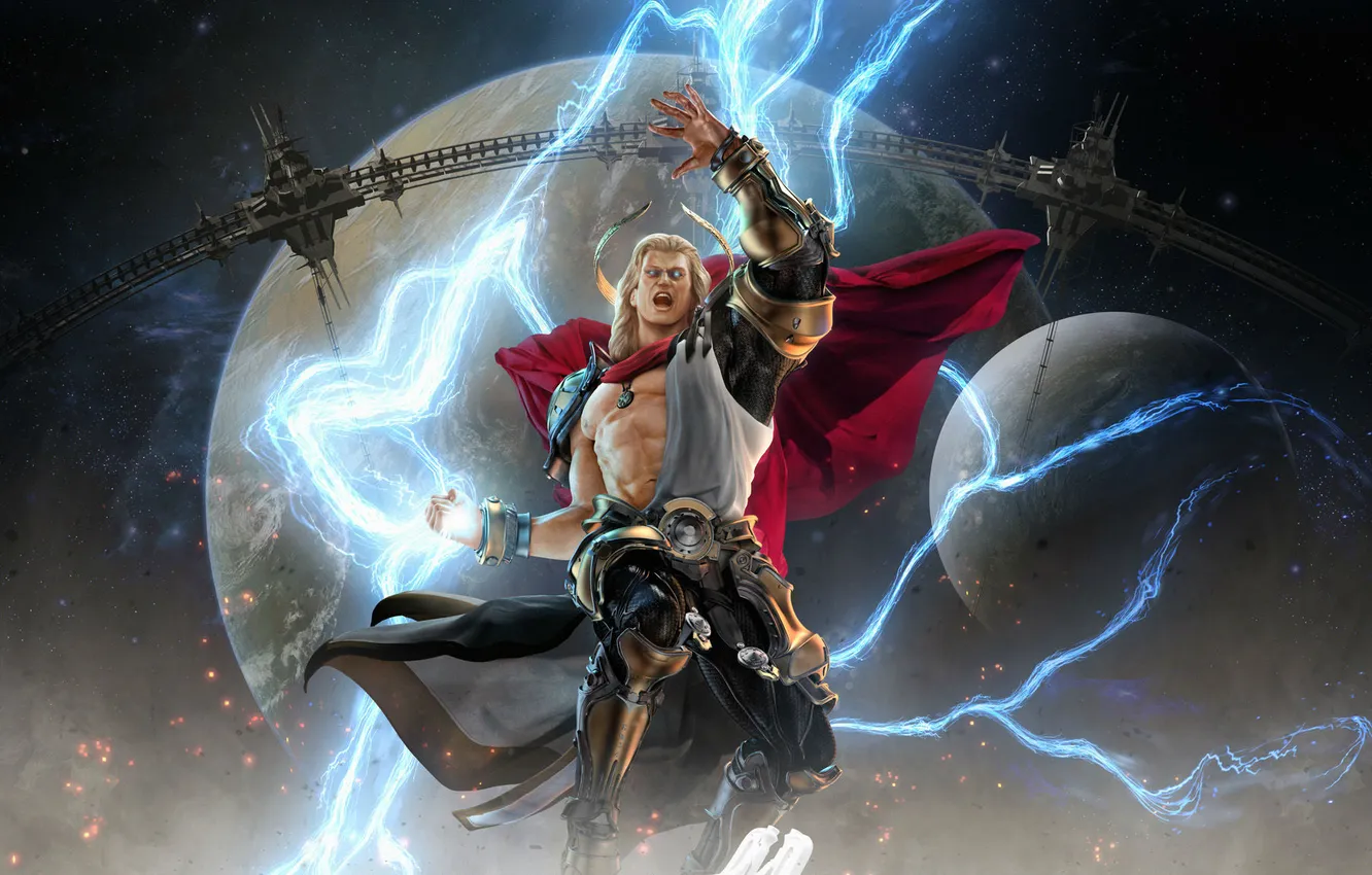 Photo wallpaper space, stars, anger, lightning, God, planet, armor, Creek