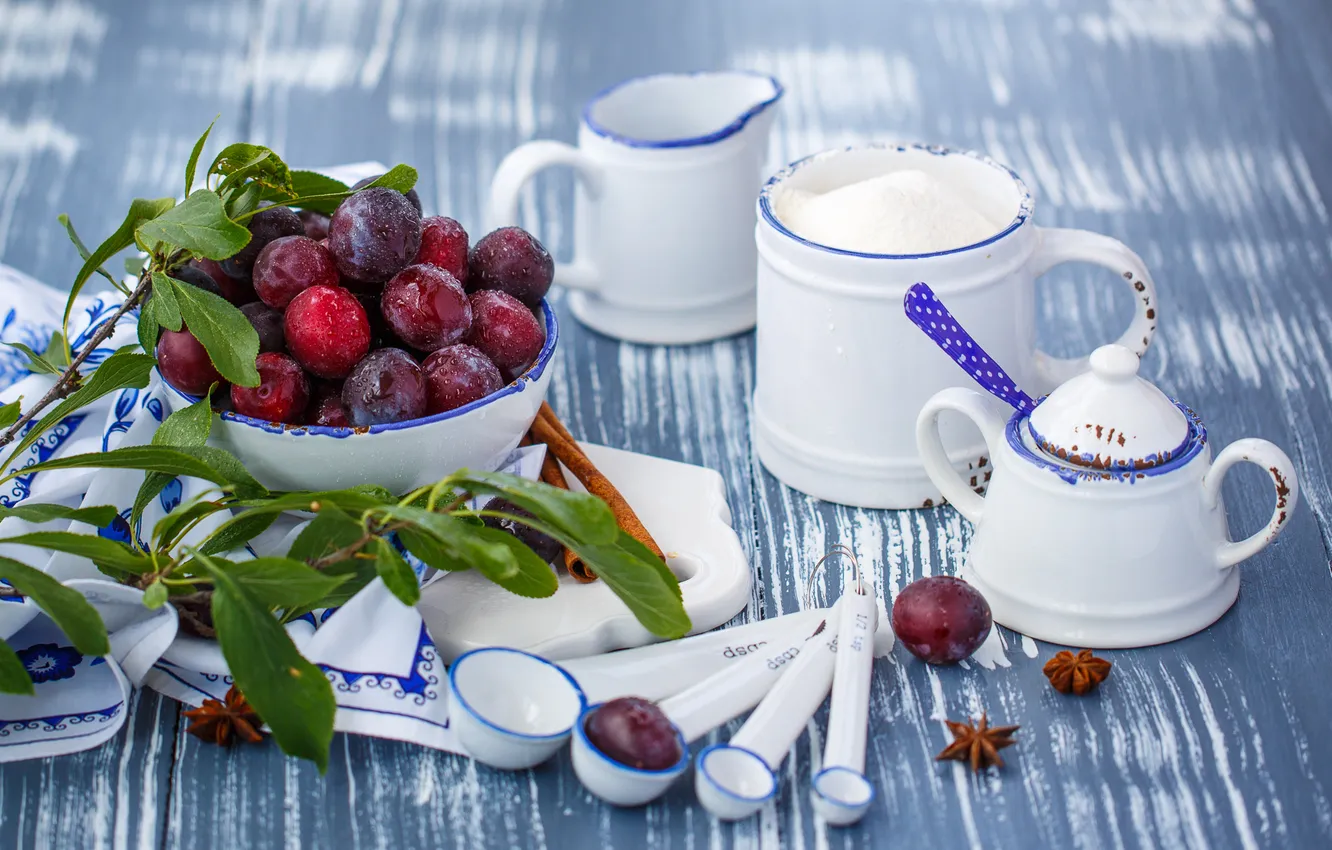 Photo wallpaper cream, dishes, sugar, fruit, cinnamon, plum, spices, Anis