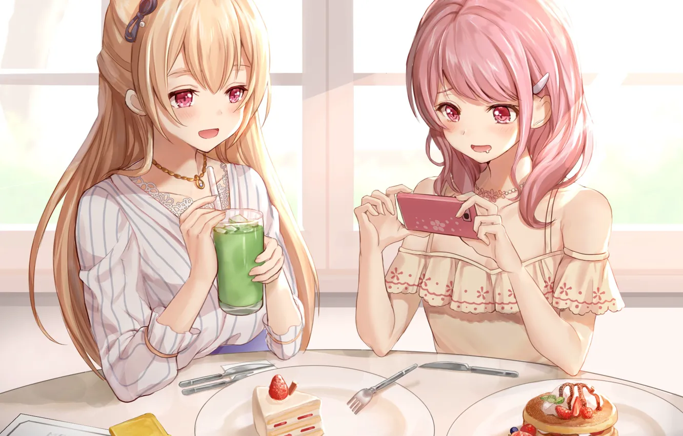 Photo wallpaper cafe, cake, smartphone, pancakes, BanG Dream!, Shirasagi Chisato, Aya Maruyama