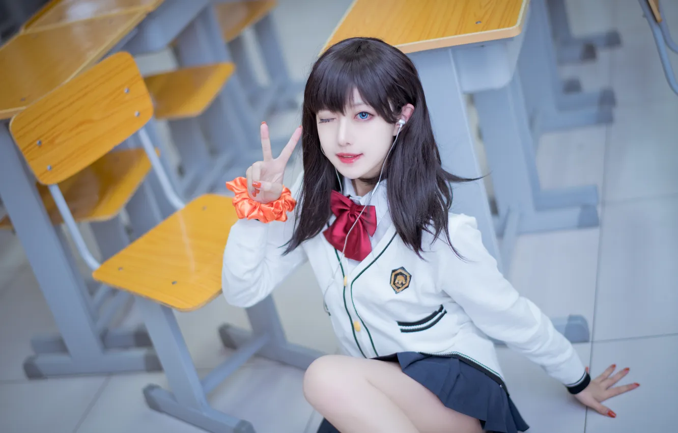 Photo wallpaper school uniform, blue eyes, women, asian, black hair, Schoolgirl, Shika XiaoLu, Bow Tie