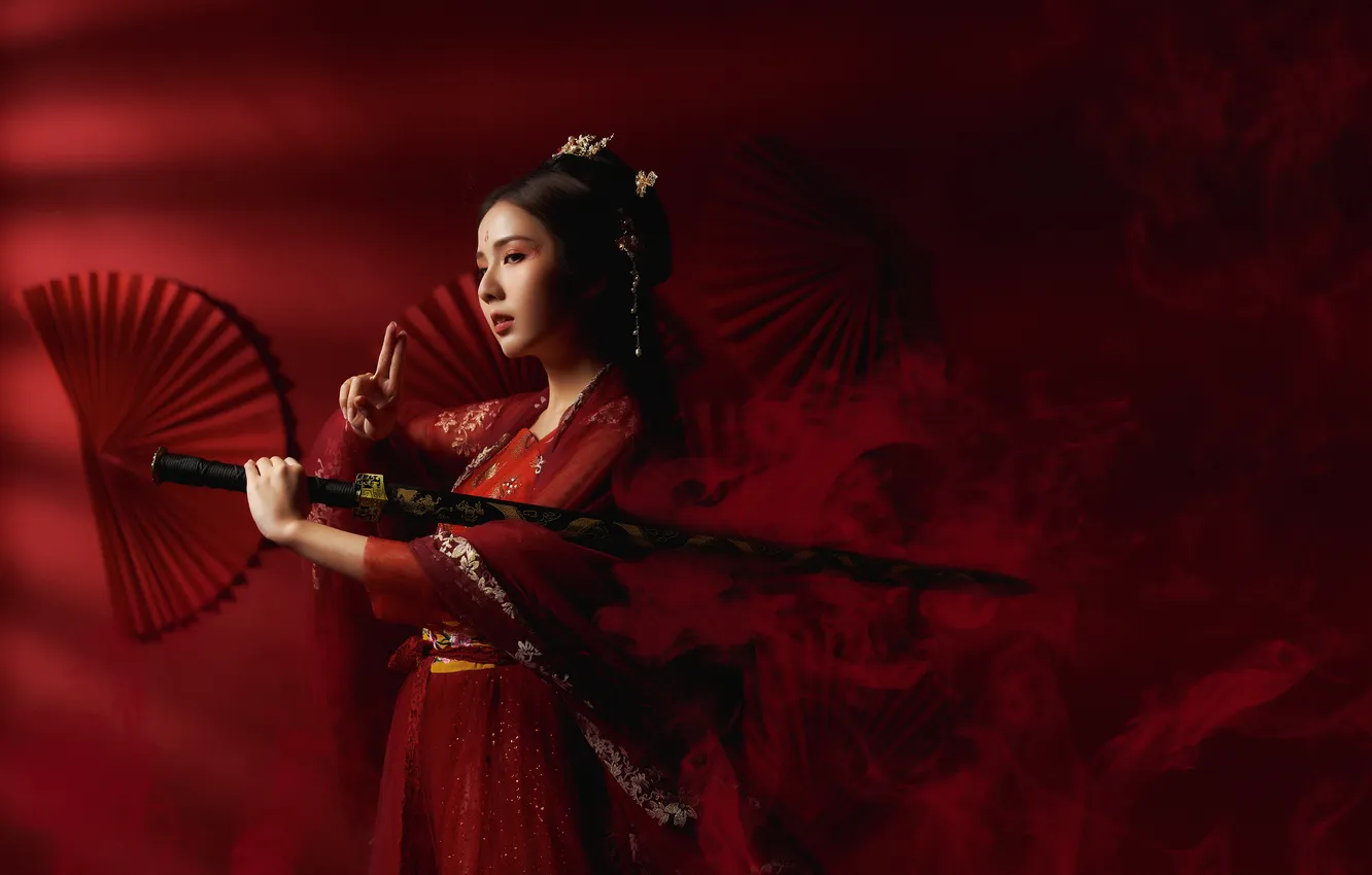Photo wallpaper girl, sword, fan, kimono, Asian