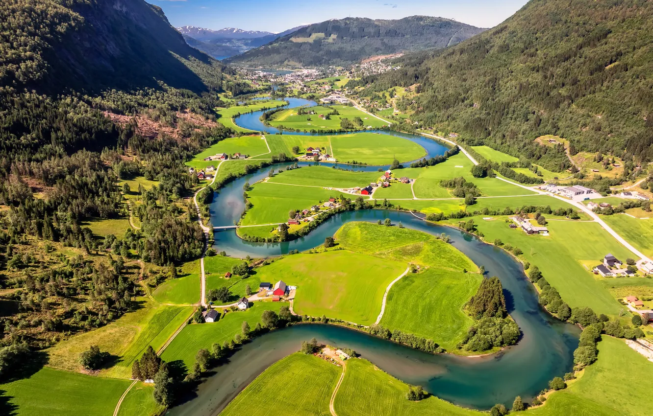 Photo wallpaper mountains, river, valley