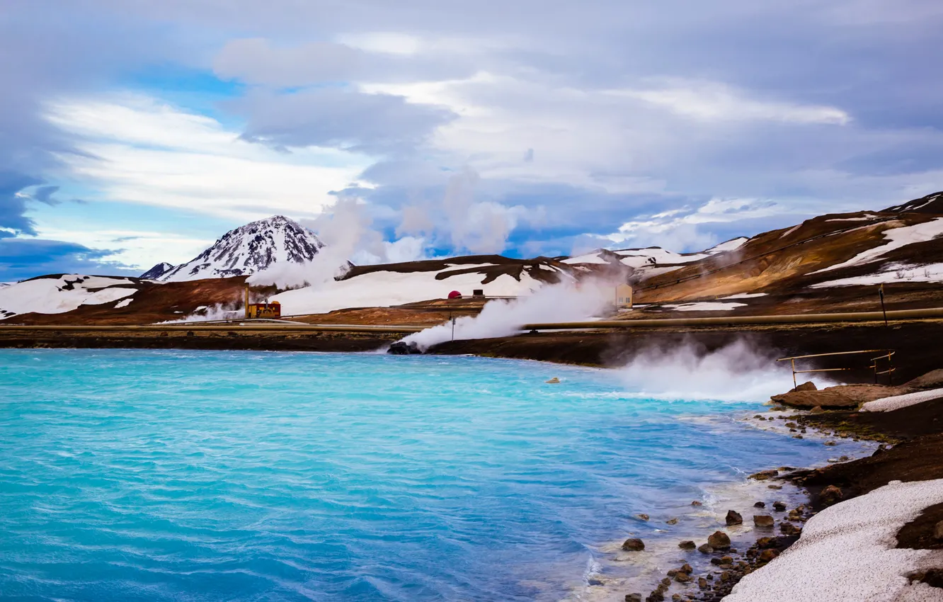 Photo wallpaper sea, snow, mountains, nature, Iceland, clouds