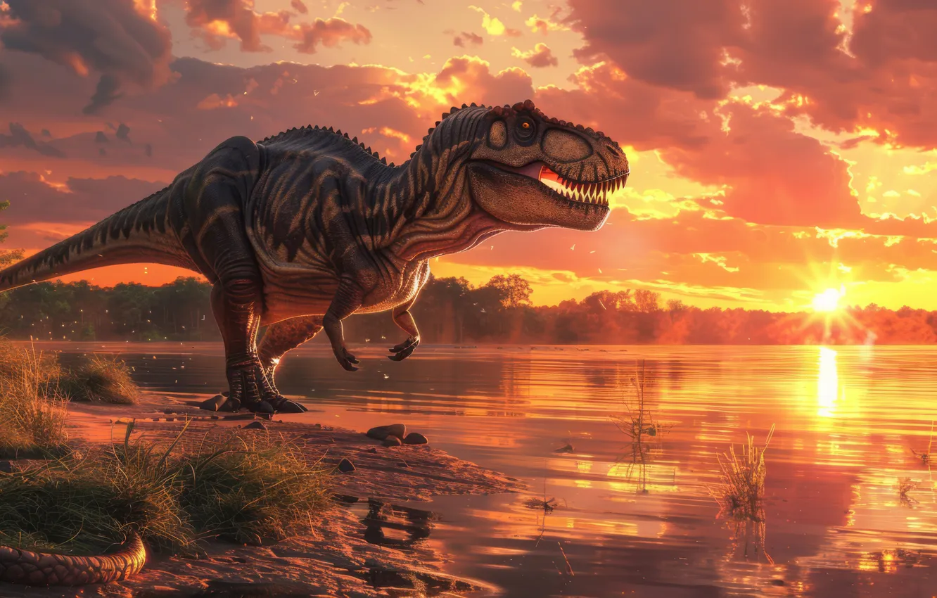 Photo wallpaper water, clouds, trees, animal, dawn, dinosaur, predator, Tyrannosaurus