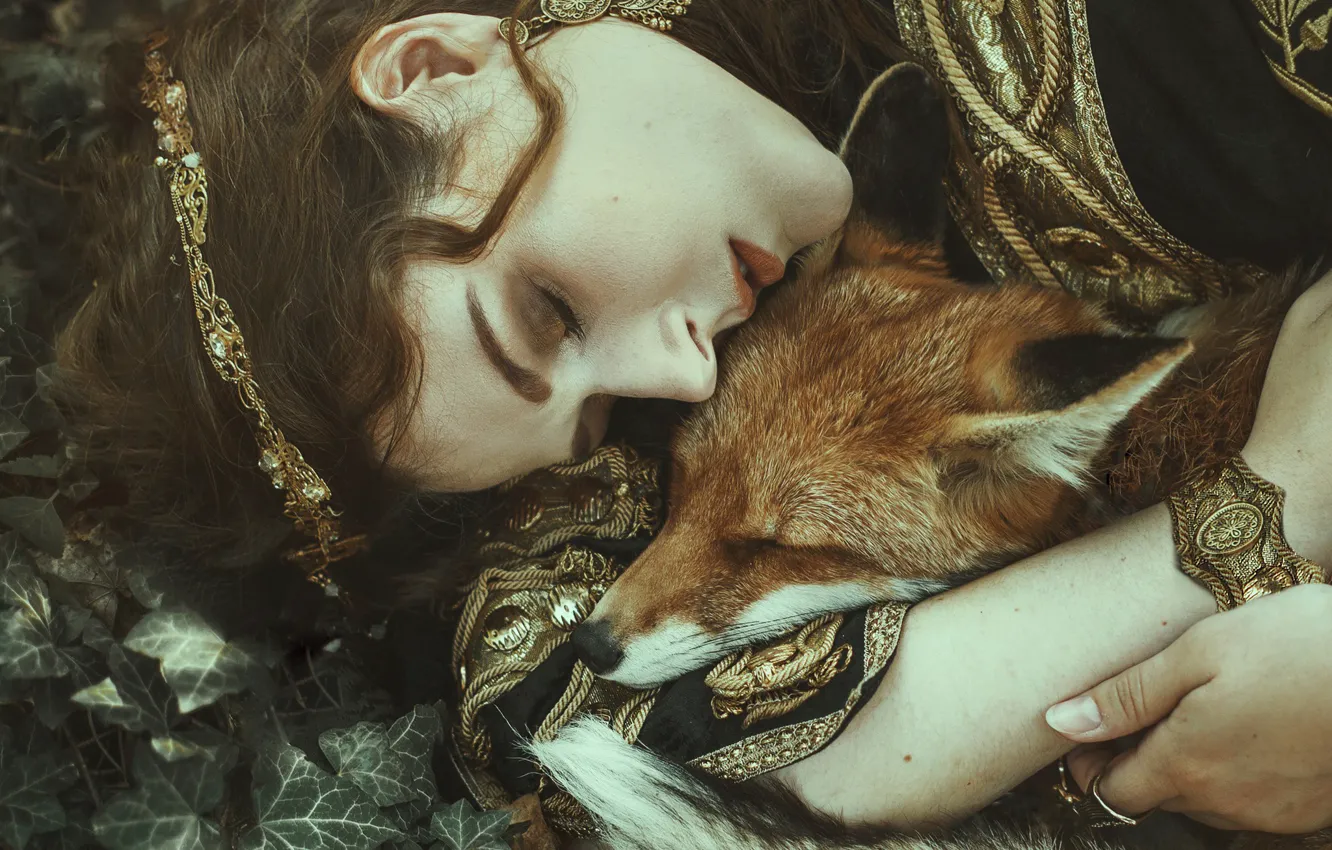 Photo wallpaper face, girl, decoration, face, mood, sleep, the situation, Fox