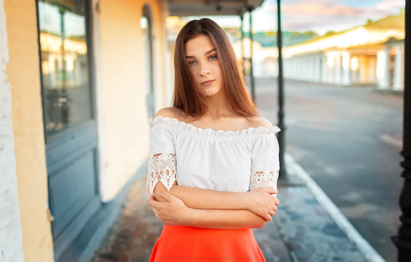 Photo wallpaper look, girl, face, pose, hair, hands, blouse, Renat Fotov