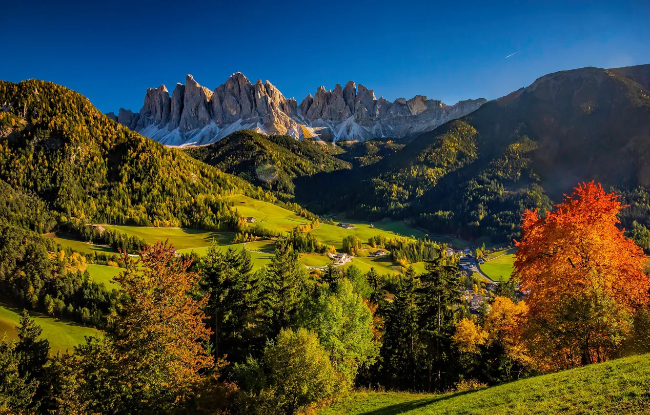 Photo wallpaper autumn, forest, trees, mountains, hills, valley, Italy, Italy