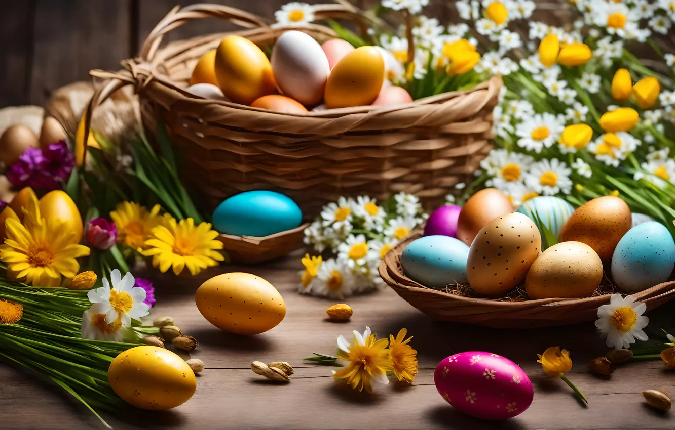 Photo wallpaper flowers, eggs, spring, colorful, Easter, flowers, spring, Easter
