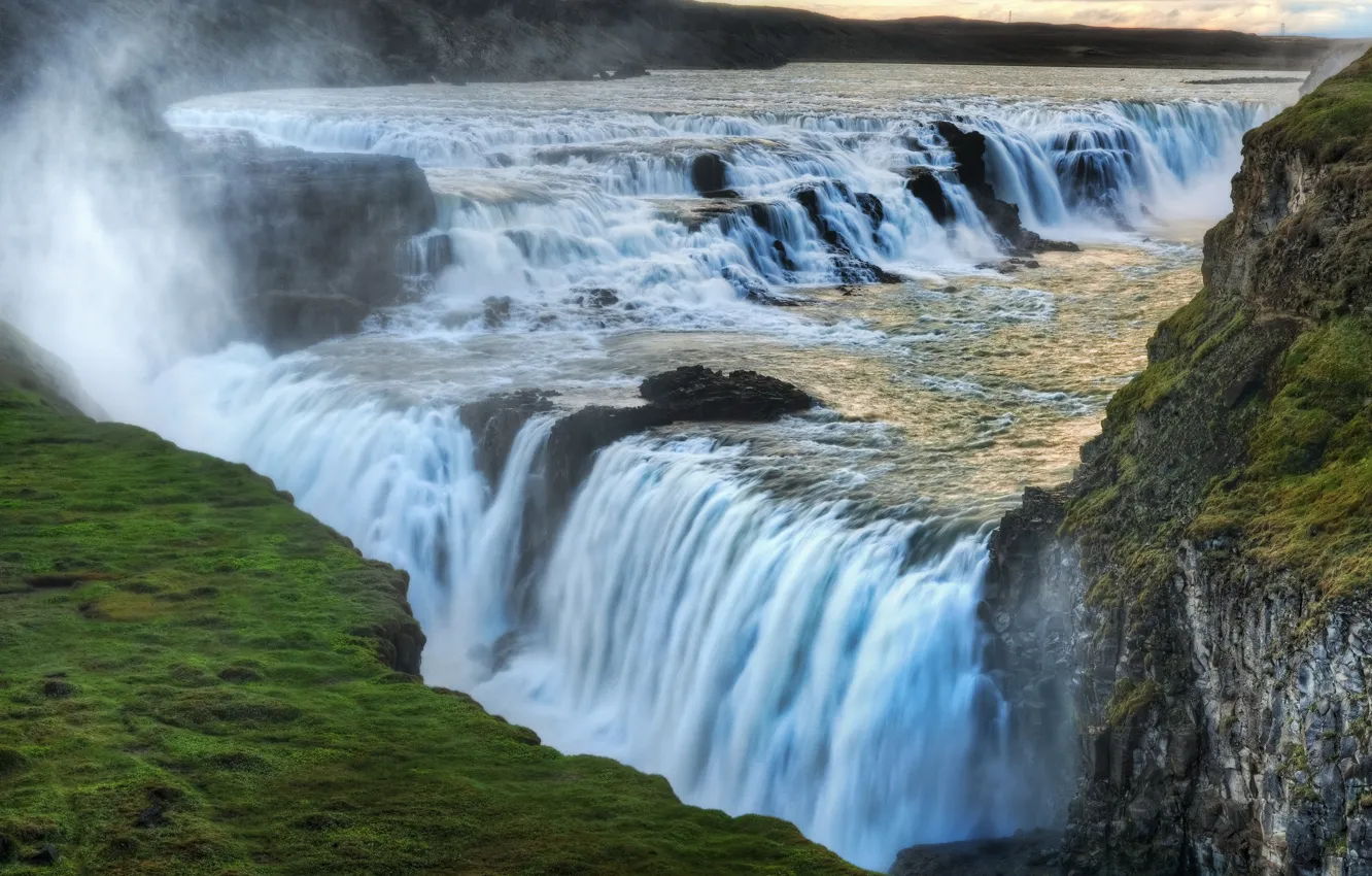 Photo wallpaper open, rocks, shore, for, waterfall, stream, pair, haze