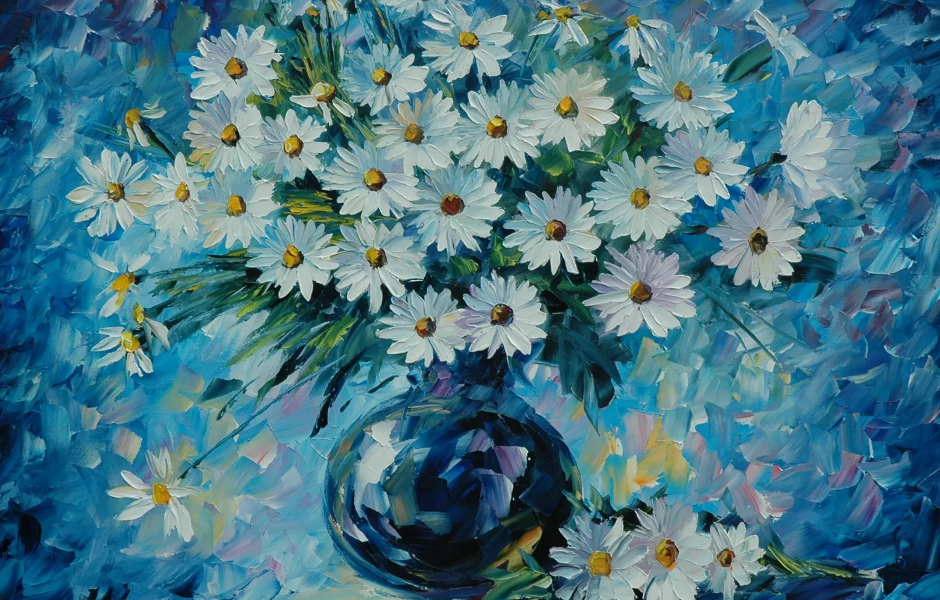Photo wallpaper flowers, chamomile, bouquet, vase, painting, Leonid Afremov