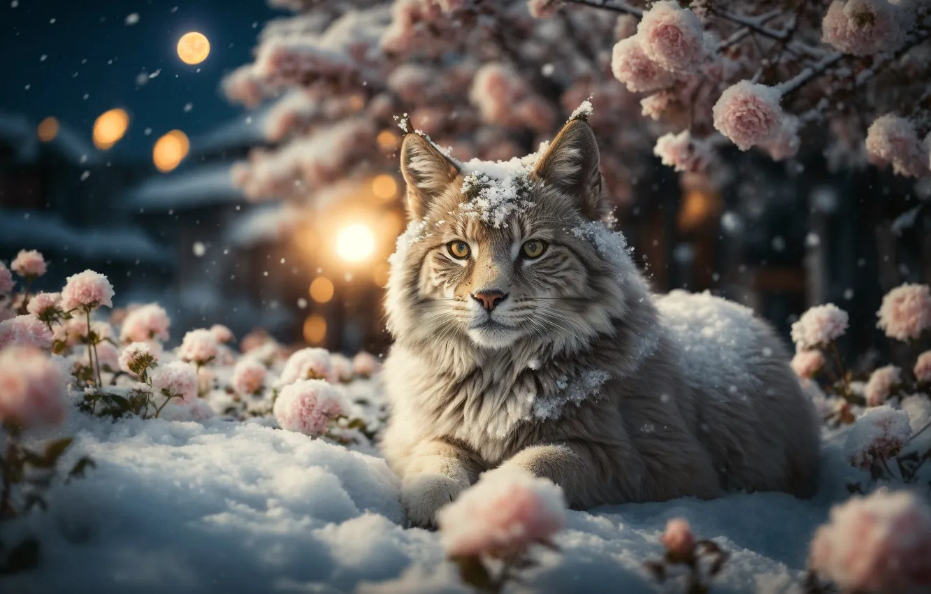 Photo wallpaper cat, flowers, snow, AI Art