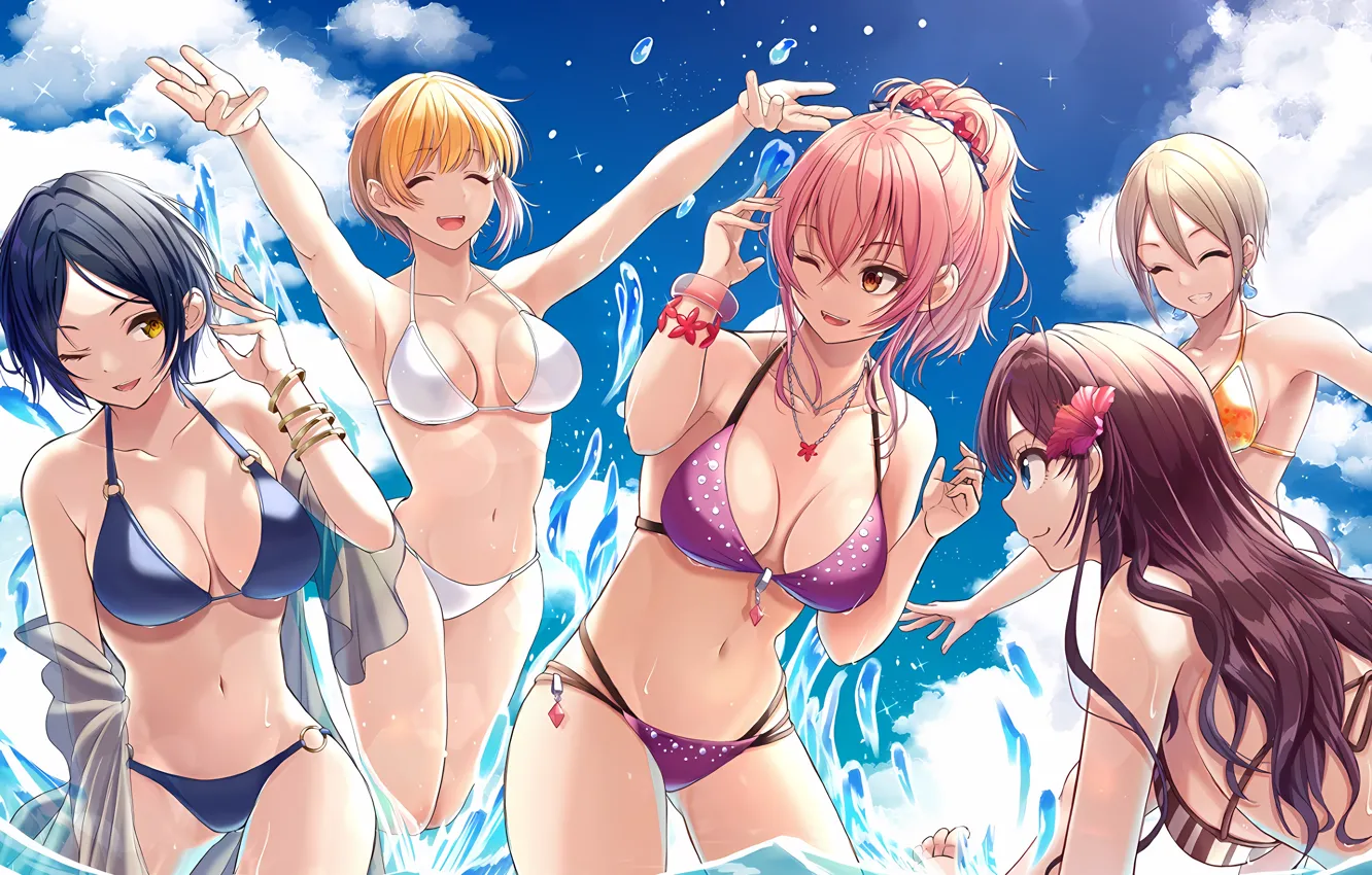 Photo wallpaper sexy, cleavage, pink hair, long hair, sea, girls, boobs, anime