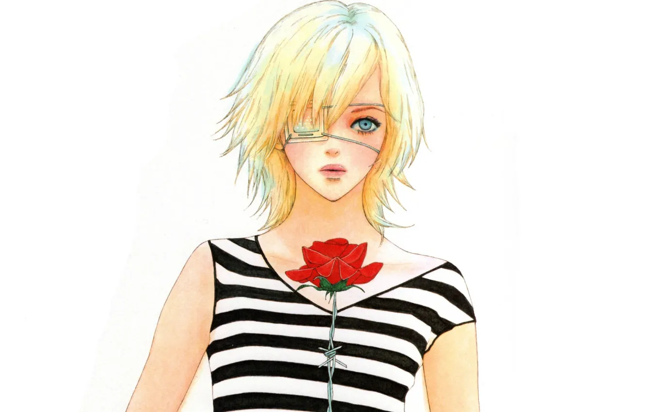 Photo wallpaper blonde, white background, red rose, barbed wire, eye patch, bangs, Omae ga Sequence o Kowashitai …