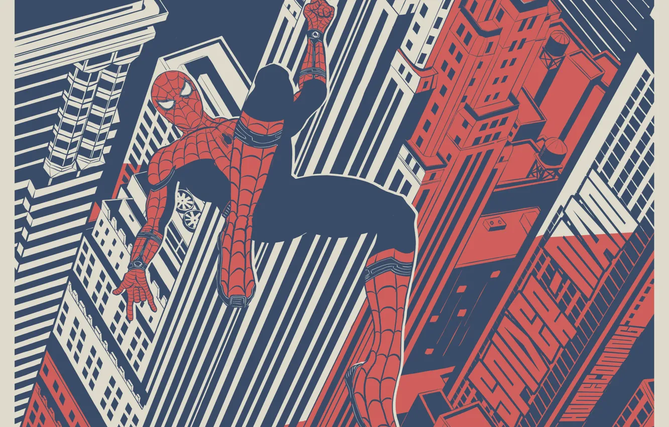 Photo wallpaper city, cinema, spider, man, boy, cartoon, Marvel, movie