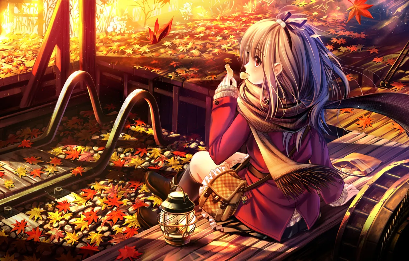 Photo wallpaper autumn, leaves, girl, trees, nature, anime, scarf, art