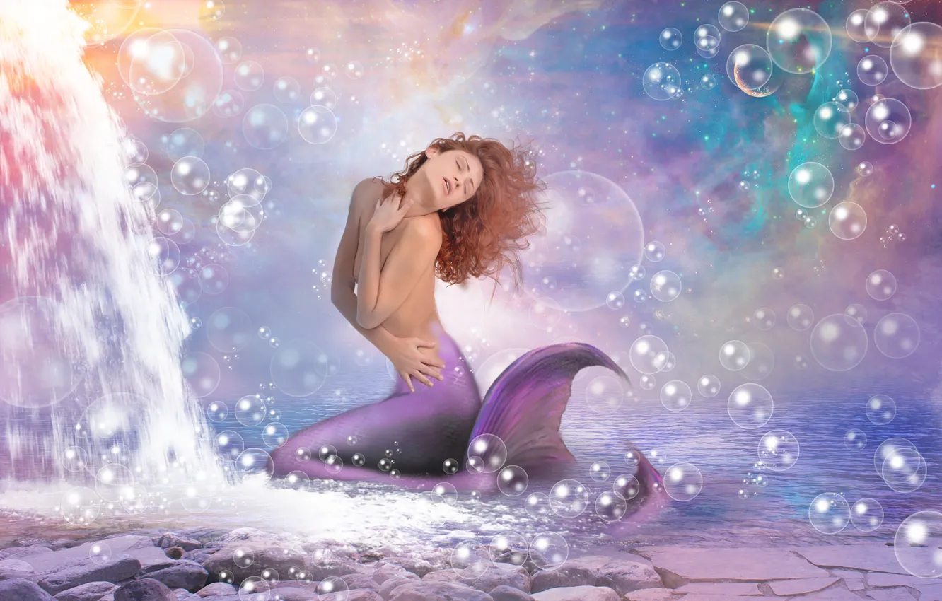 Photo wallpaper water, bubbles, fiction, hair, mermaid, waterfall, hands, tail