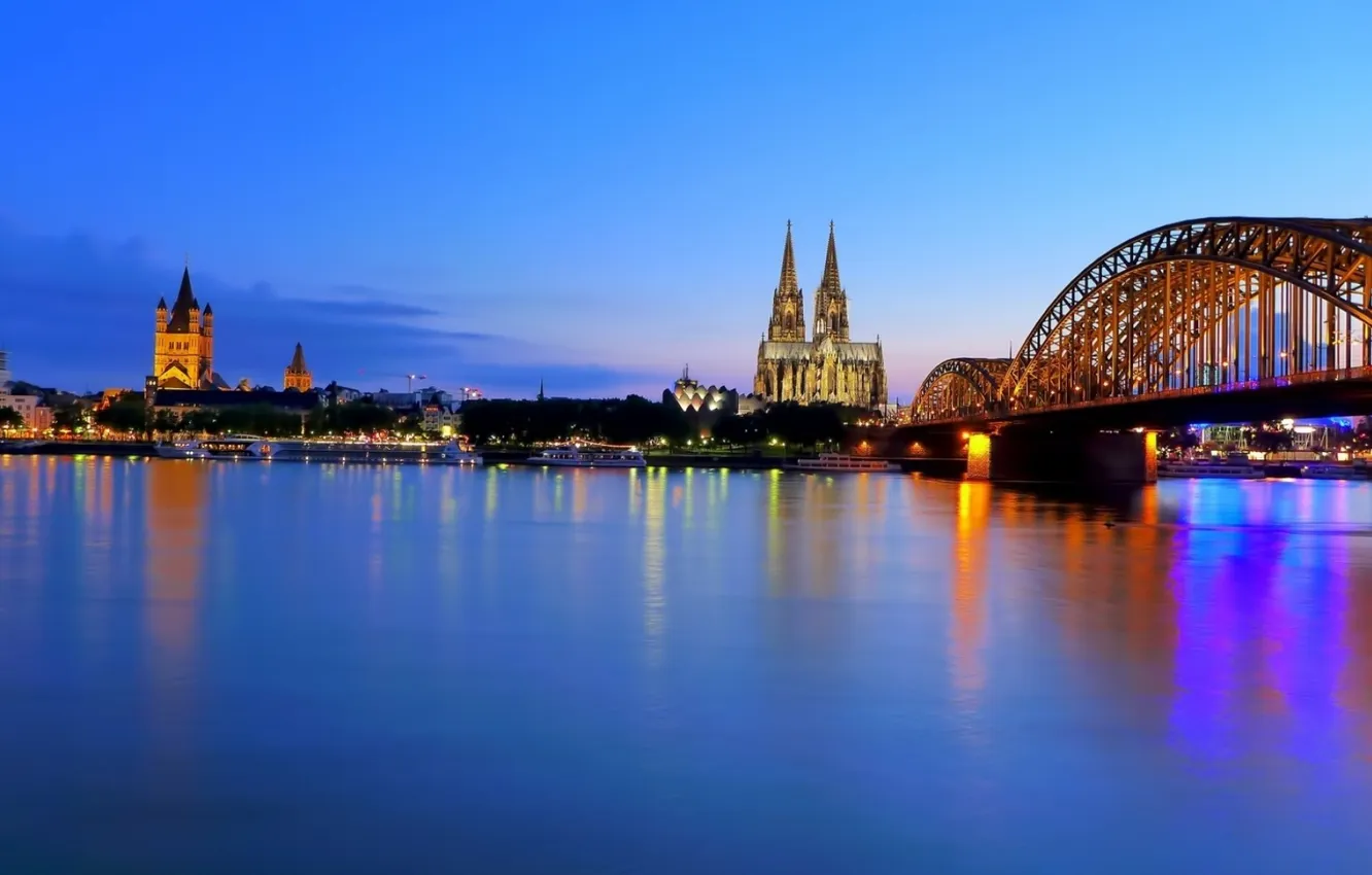 Photo wallpaper landscape, bridge, the city, shore, Cologne
