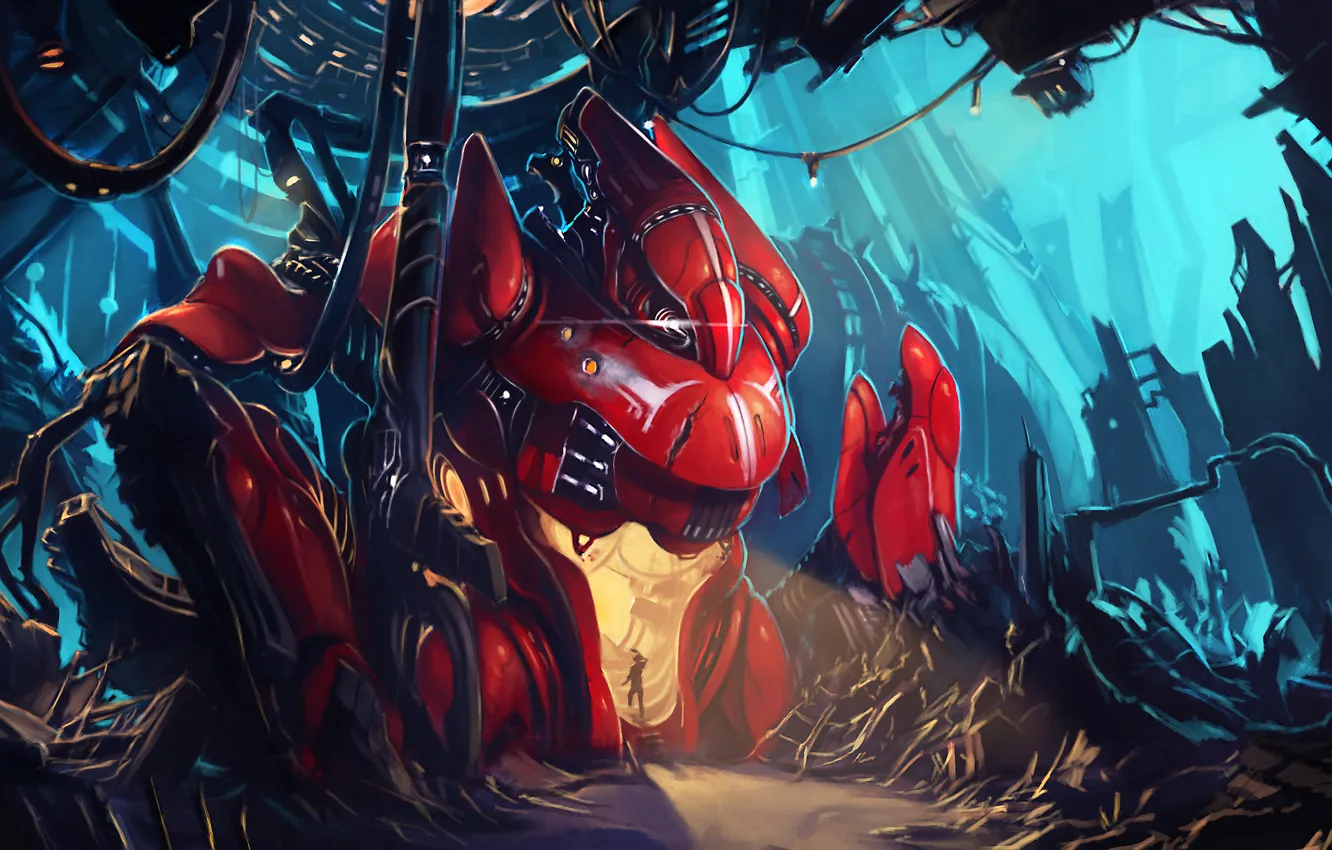 Photo wallpaper light, weapons, people, robot, ruins, entrance