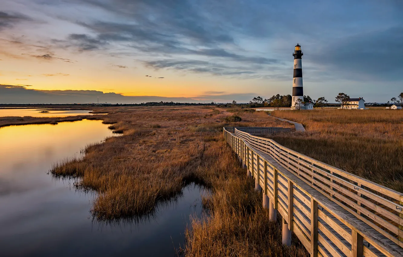 Photo wallpaper USA, grass, sky, trees, landscape, nature, sunset, water