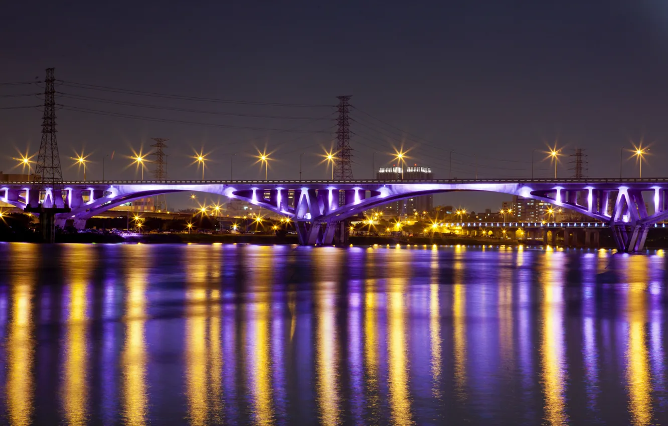 Photo wallpaper night, bridge, city, lights, lights, reflection, river, China