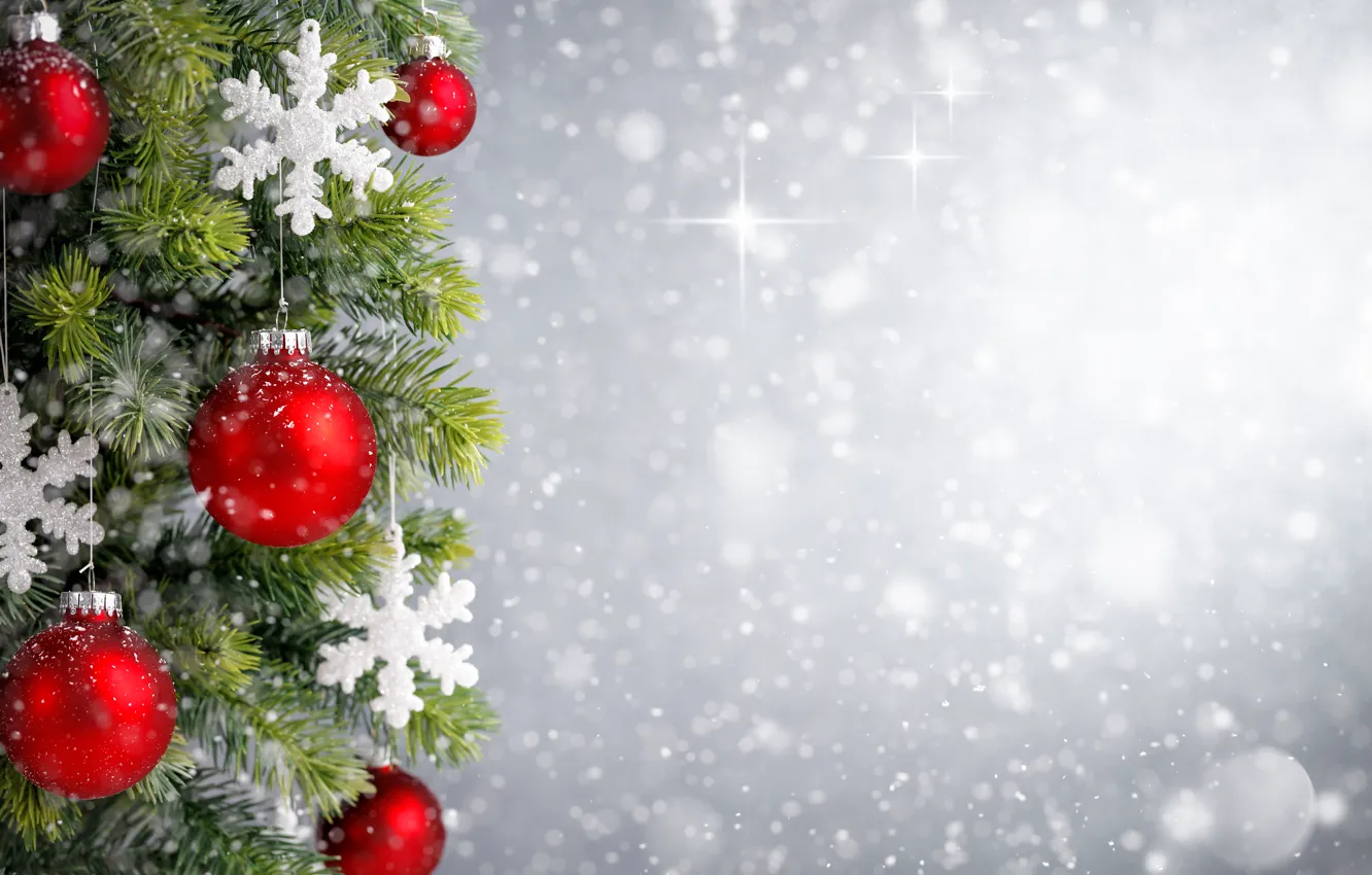 Photo wallpaper decoration, snowflakes, balls, tree, New Year, Christmas, happy, Christmas