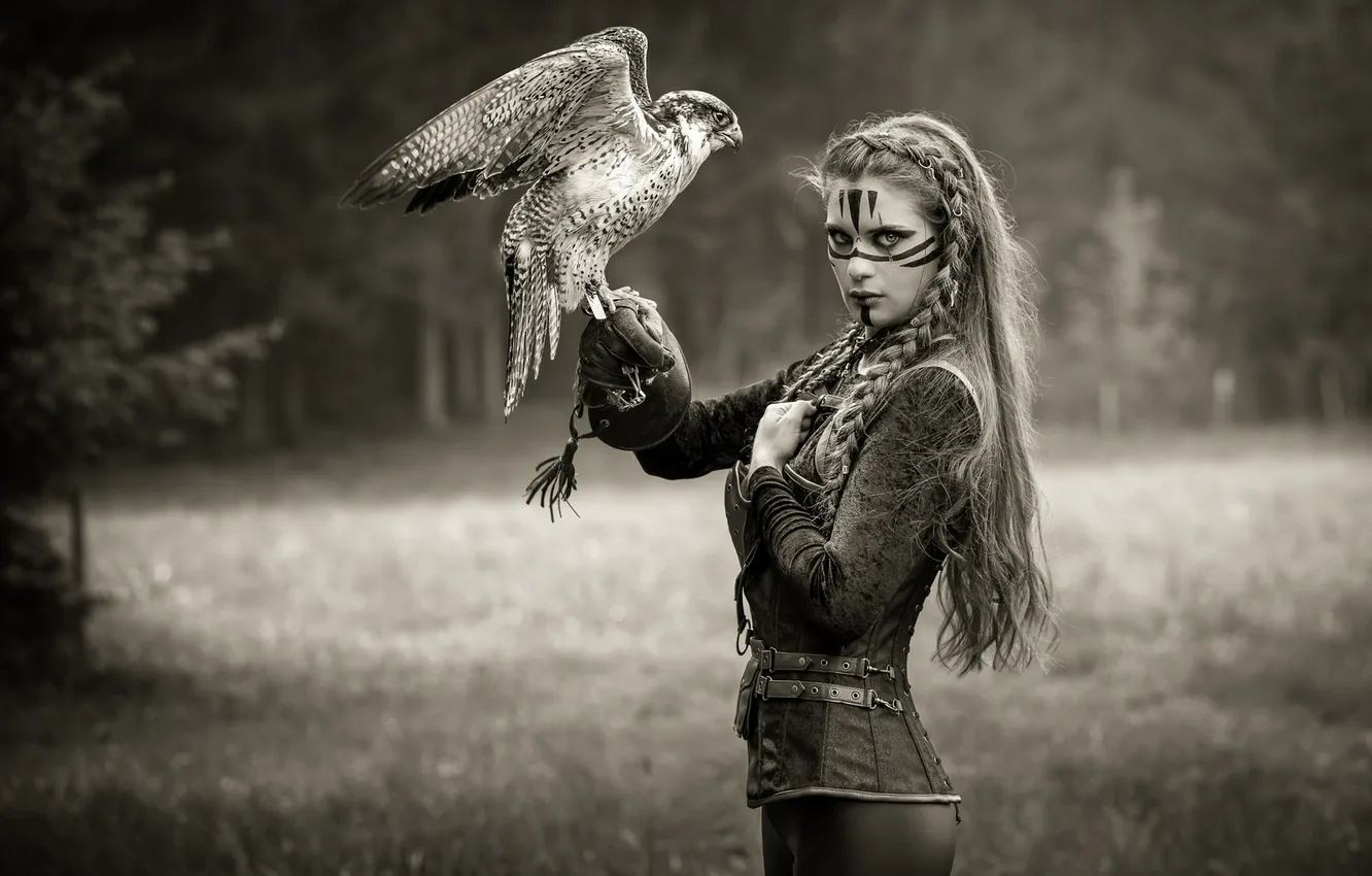 Photo wallpaper look, girl, nature, pose, bird, glade, fantasy, hairstyle