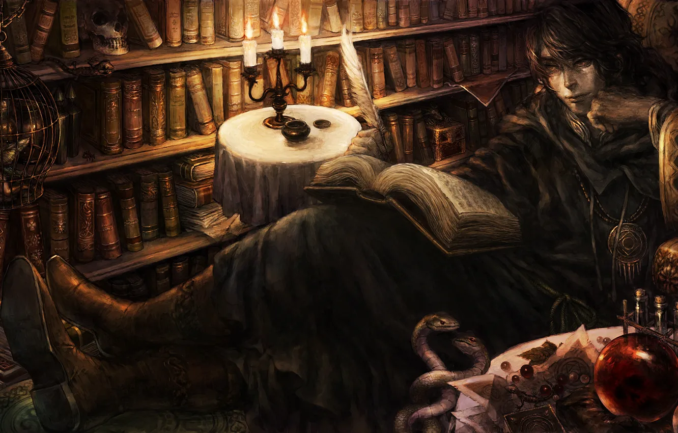 Photo wallpaper book, candles, books, feather, library, poet, dragon crown