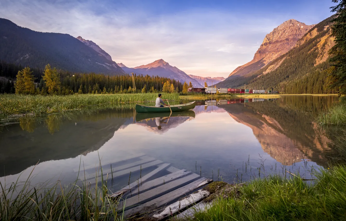 Photo wallpaper landscape, mountains, nature, lake, boat, Canada, British Columbia