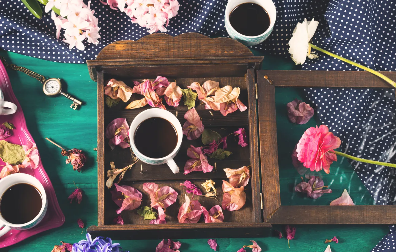 Photo wallpaper flowers, box, coffee, petals, pendant