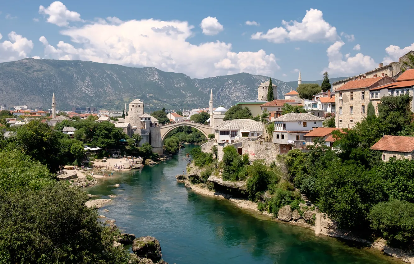 Photo wallpaper beach, mountains, sunny, Mostar, Neretva River, Old Bridge, Ottomans, Velež Mountain