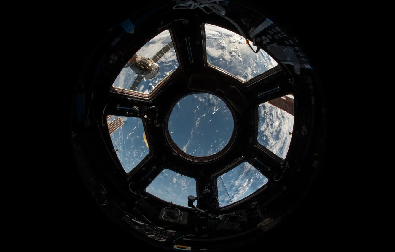 Photo wallpaper earth, Nasa, sky, ISS, view, clouds, window, atmosphere