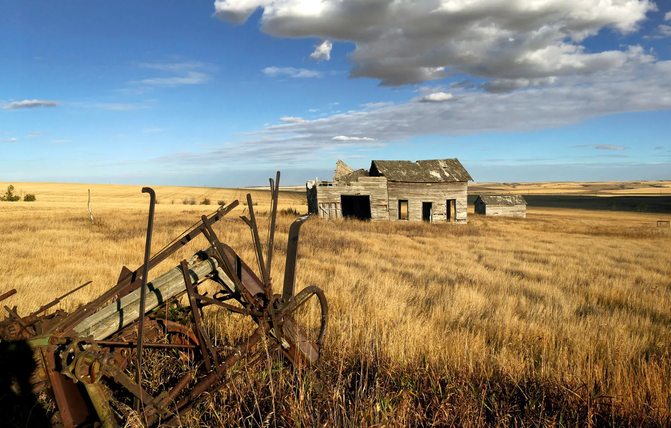 Photo wallpaper field, the barn, old seeder