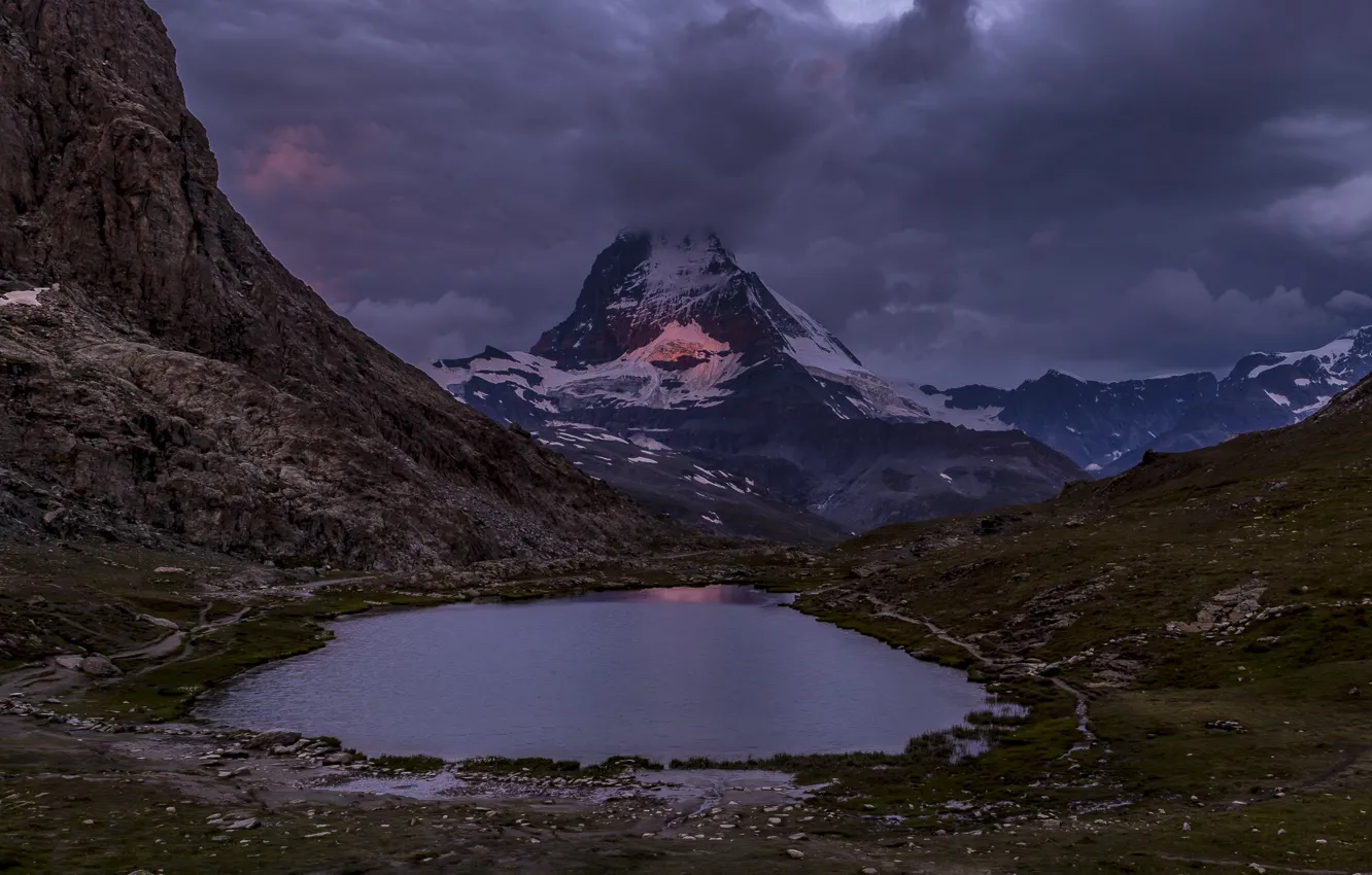 Photo wallpaper the sky, snow, mountains, clouds, nature, lake, rocks, Switzerland