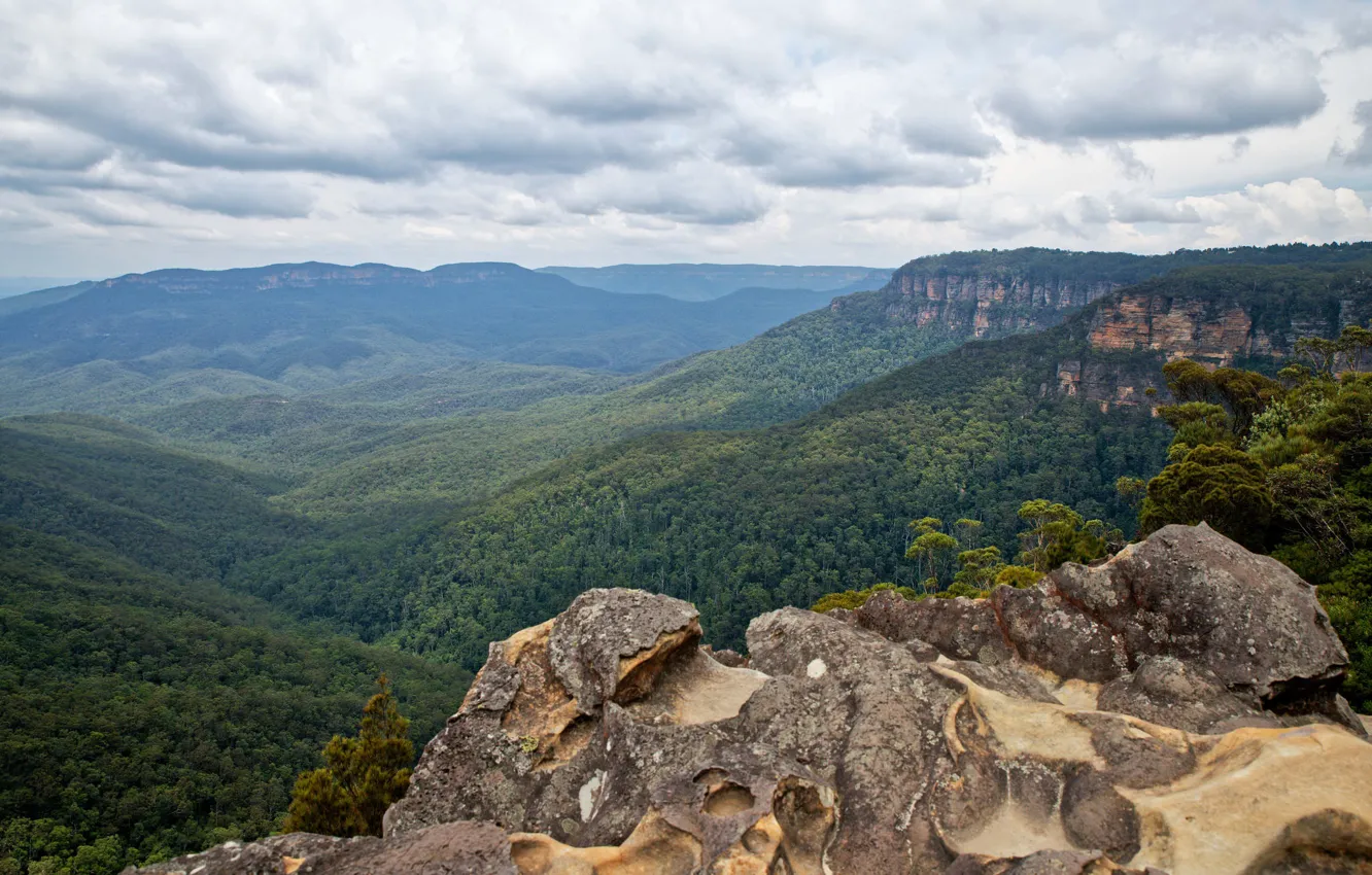 Photo wallpaper the sky, clouds, nature, mountains, trees, landscape