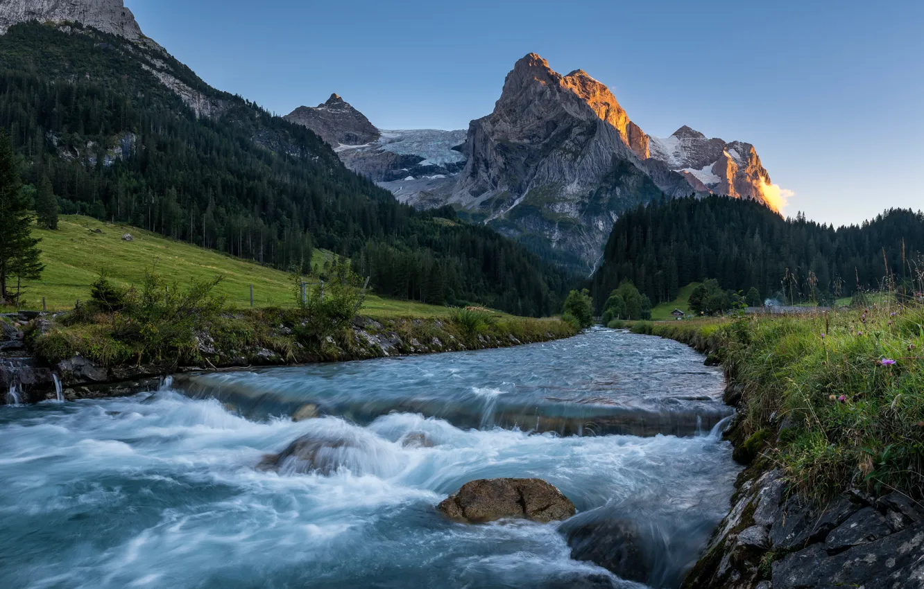 Photo wallpaper forest, mountains, river, Switzerland, Switzerland, Bernese Alps, The Bernese Alps, Bernese Oberland