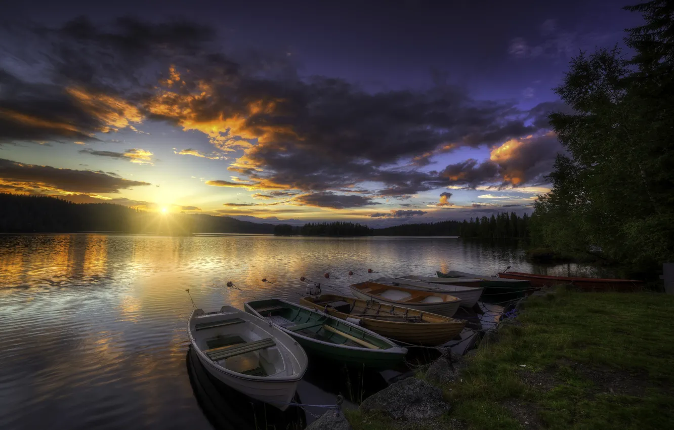 Photo wallpaper forest, the sky, clouds, trees, sunset, river, shore, boats