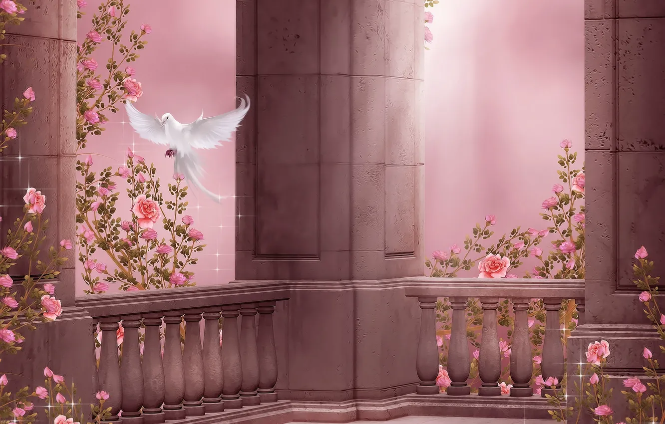 Photo wallpaper flowers, dove, roses, columns, flight, flowers, dove, roses