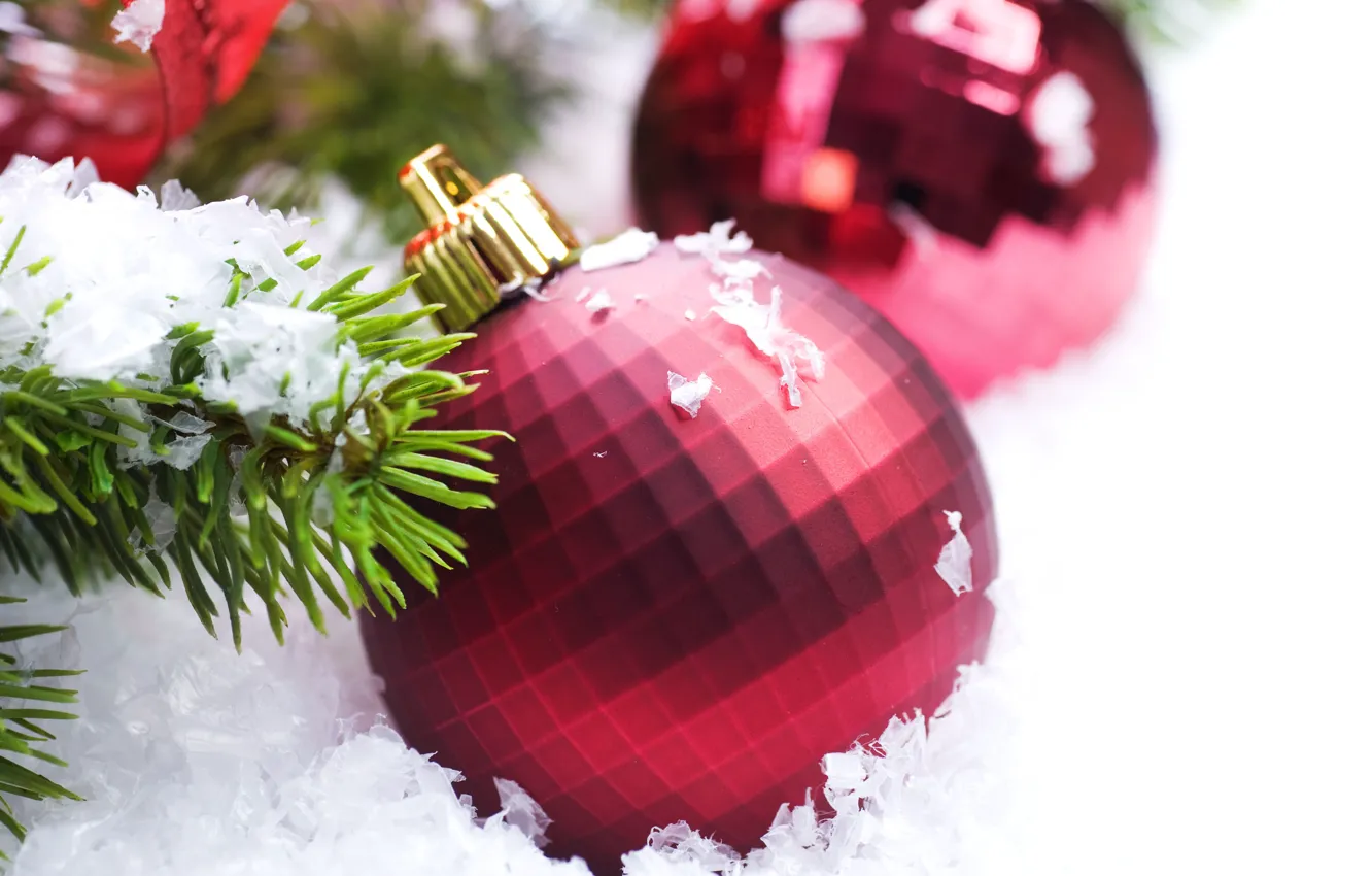 Photo wallpaper snow, balls, toy, spruce branch