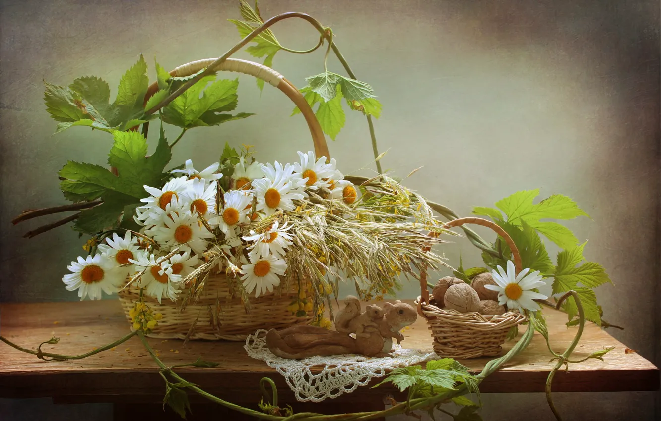 Photo wallpaper leaves, flowers, table, basket, plant, chamomile, figurine, nuts