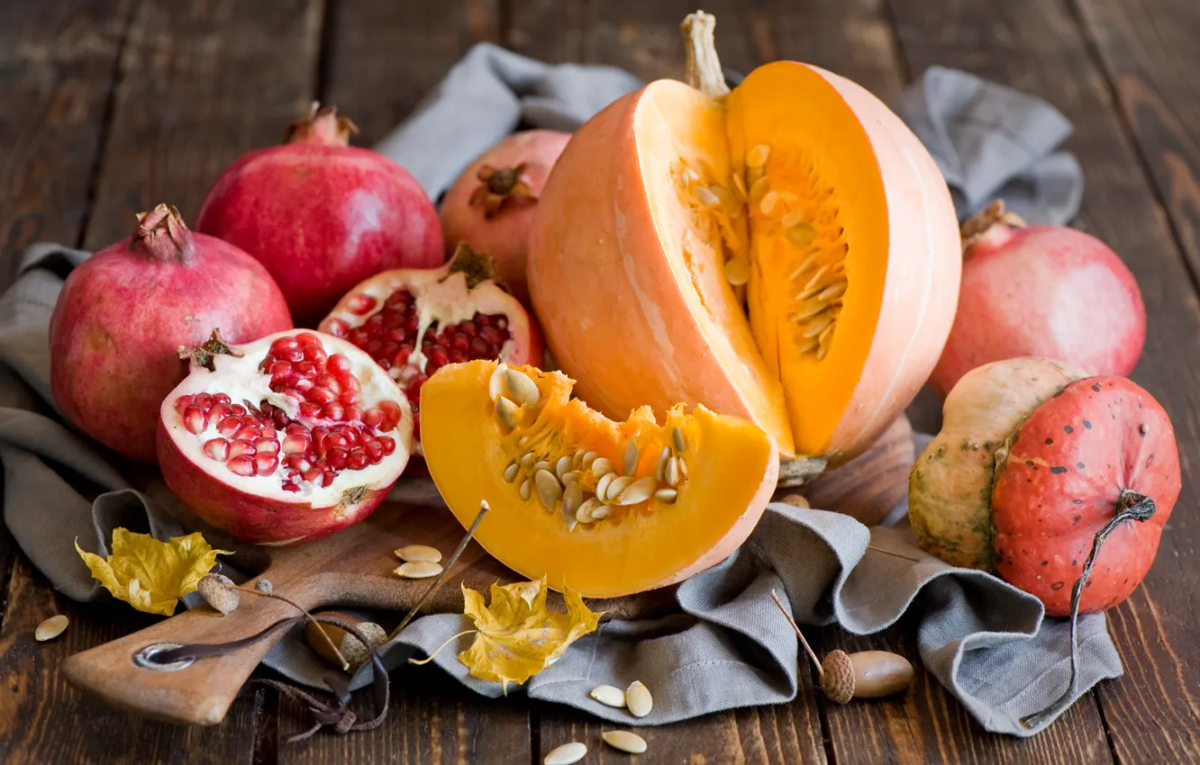 Photo wallpaper autumn, leaves, pumpkin, fruit, still life, vegetables, grenades, Anna Verdina
