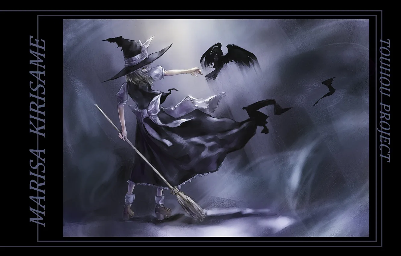 Photo wallpaper witch, broom, witch, witch hat, Marisa Kirisame, black magic, gloomy atmosphere, touhou project