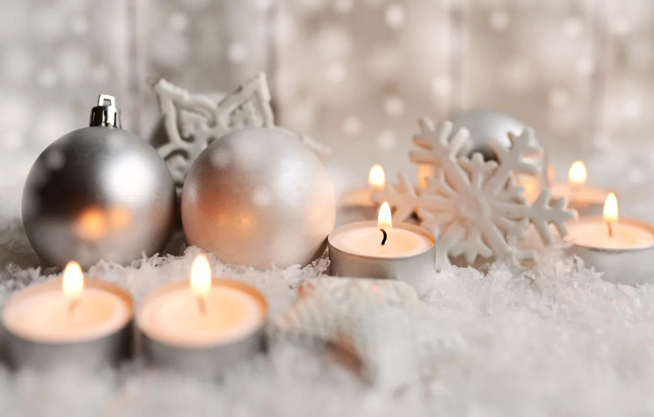 Photo wallpaper winter, balls, snow, snowflakes, flame, holiday, balls, candle