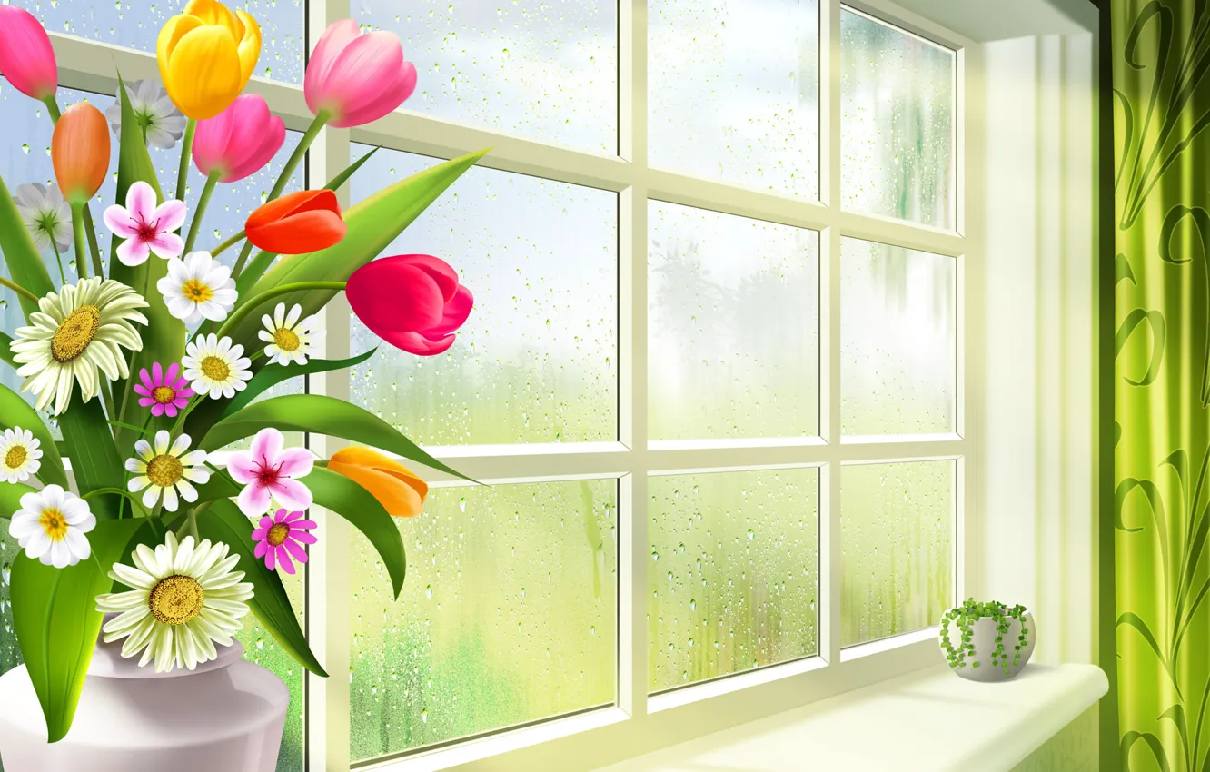 Photo wallpaper flowers, bouquet, window, art
