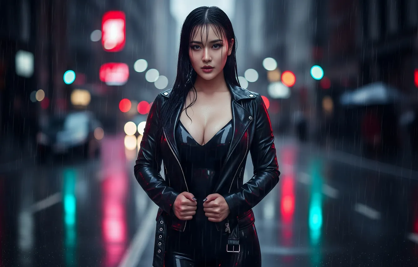 Photo wallpaper city, cleavage, leather, brunette, asian, latex, AI Art