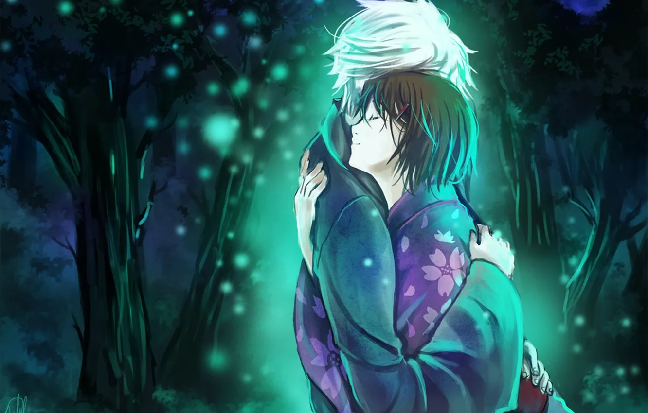 Photo wallpaper forest, girl, trees, night, smile, anime, art, hugs