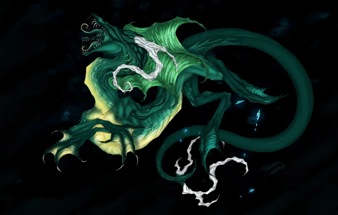 Photo wallpaper fiction, mouth, tail, profile, black background, green dragon