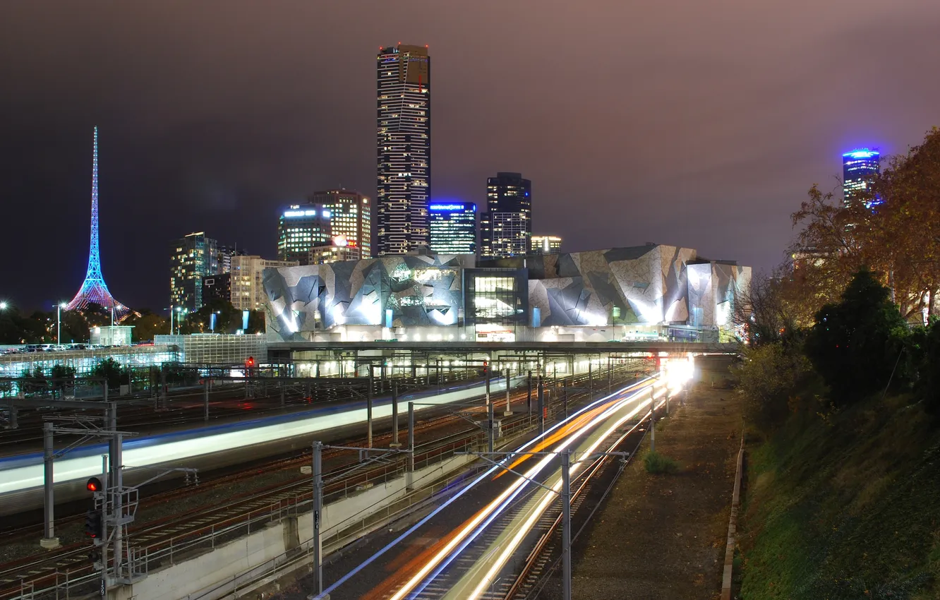 Photo wallpaper night, lights, Australia, Melbourne, train, Australia, Metro Light Streams, VIC