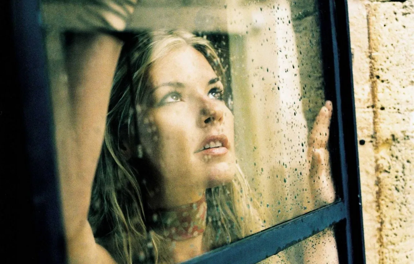 Photo wallpaper look, girl, drops, window