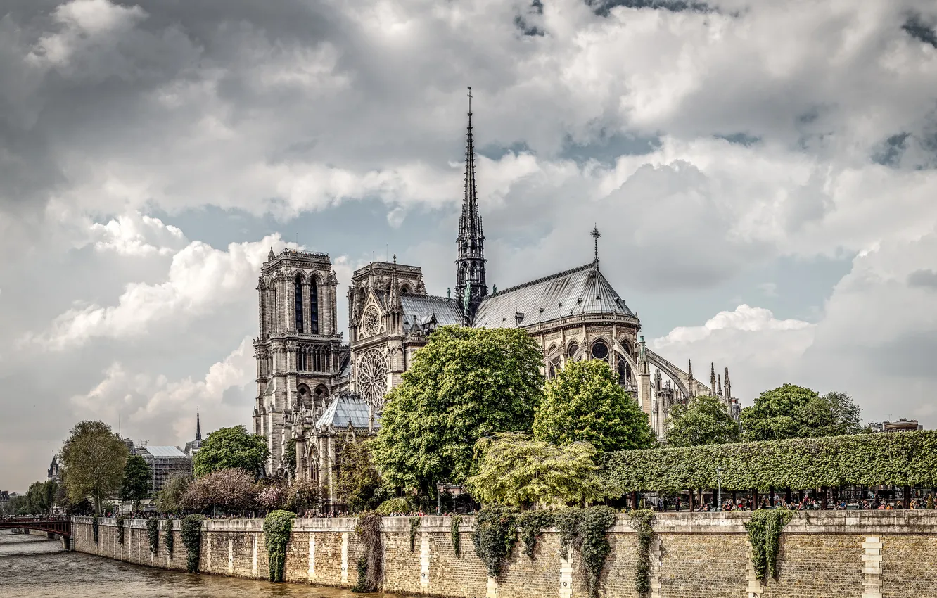Photo wallpaper clouds, bridge, river, France, Paris, Hay, Cathedral